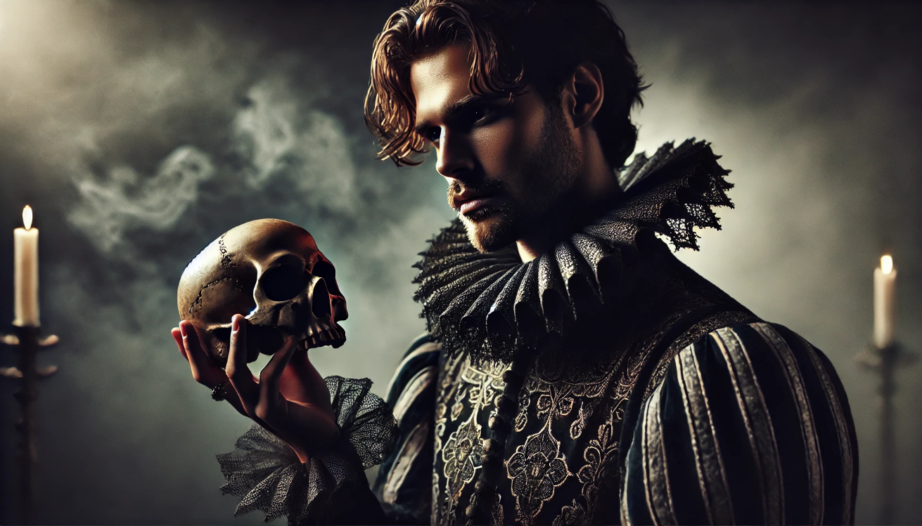Hamlet holds skull solemnly.