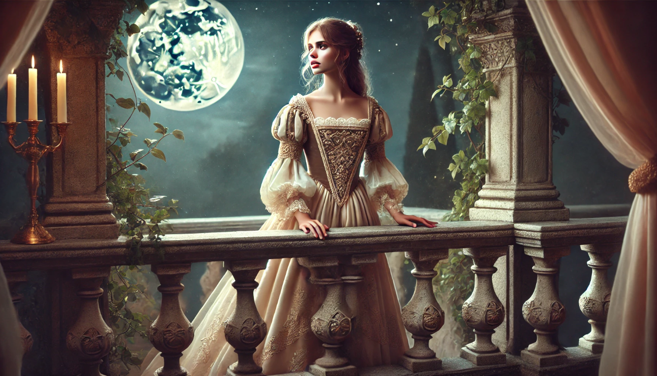 "Romantic balcony night scene"