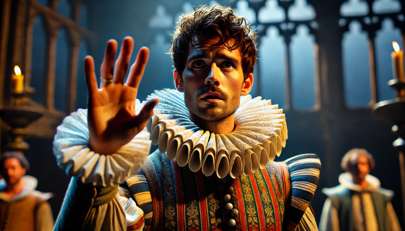Shakespearean actor breaking fourth wall.