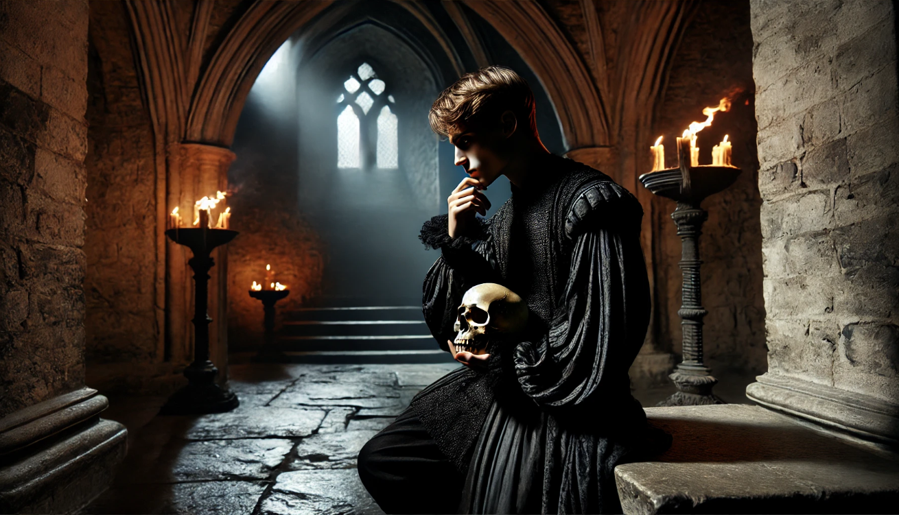 Hamlet holds skull thoughtfully.
