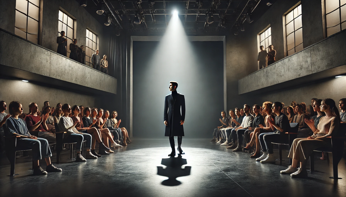 Actor monologues, audience captivated.