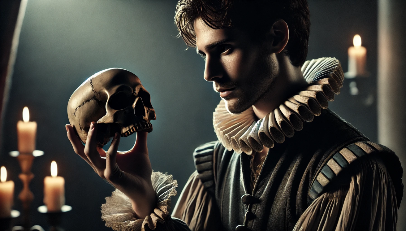 "Hamlet holds skull pensively."