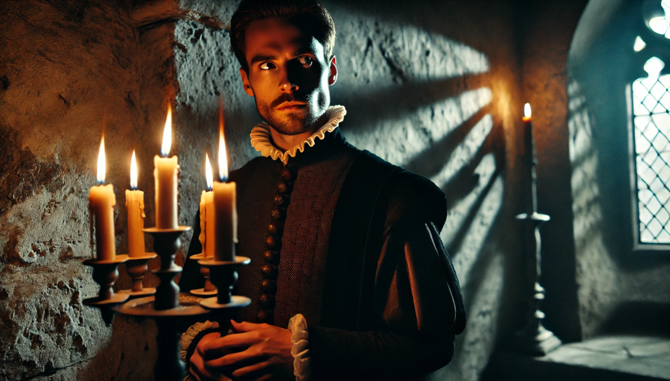 "Macbeth stares in turmoil."