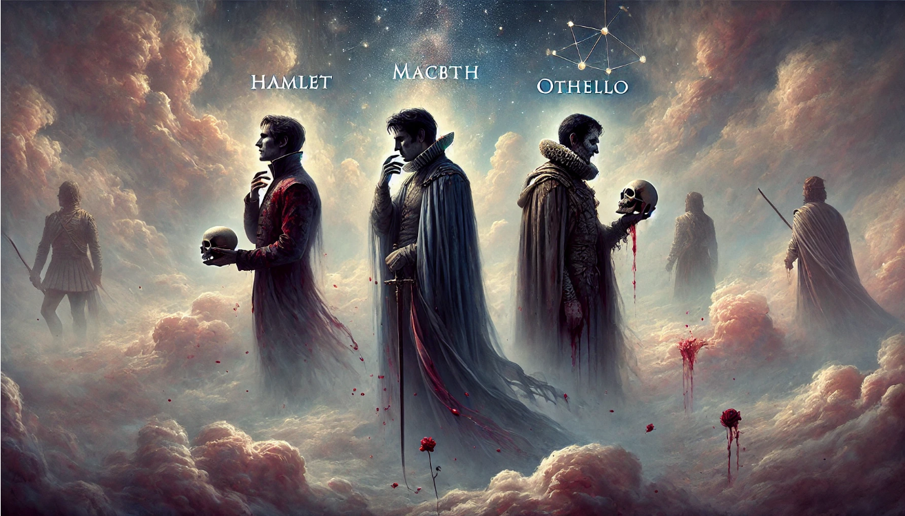 "Shakespeare heroes amid cosmos."
