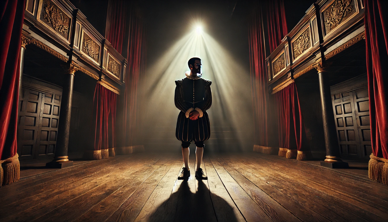"Solitary actor delivering soliloquy."