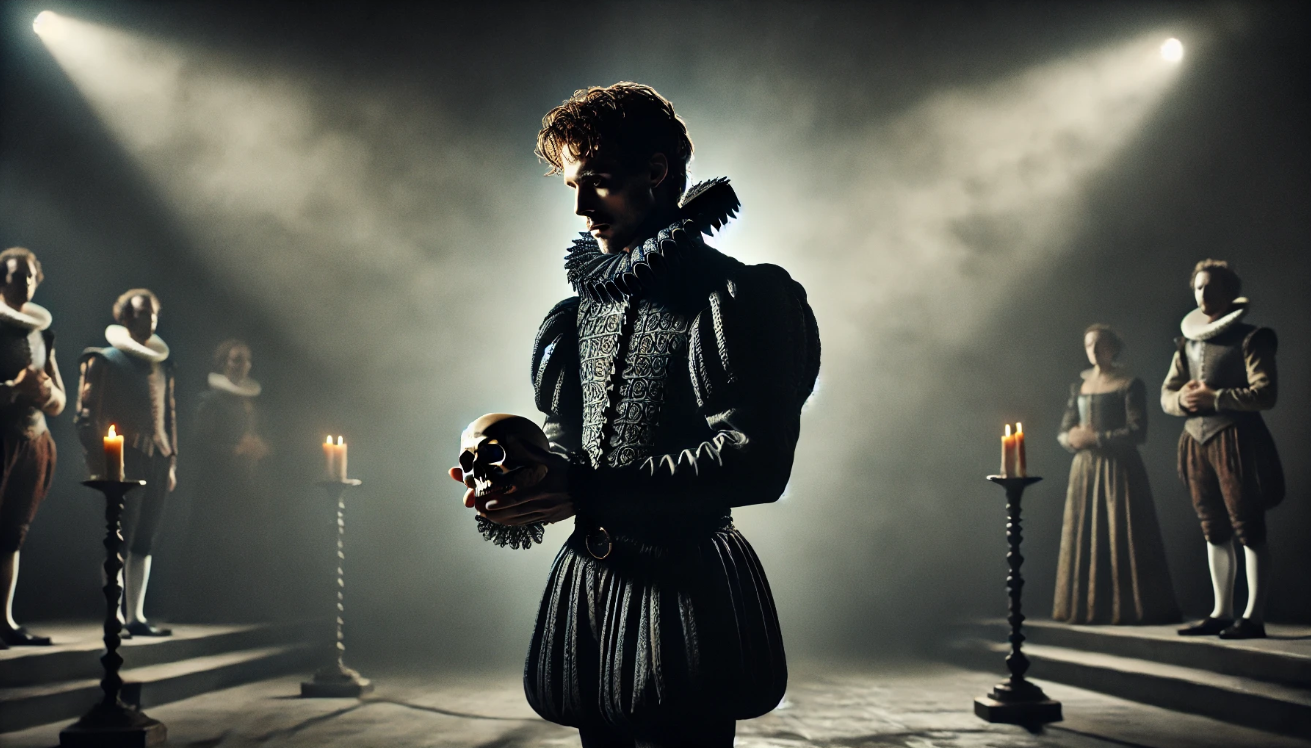 Melancholic Hamlet holding skull.

