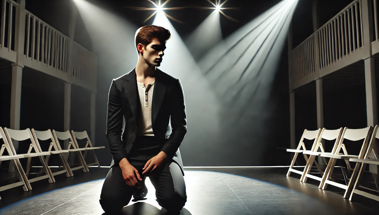 Actor delivers Shakespearean soliloquy.