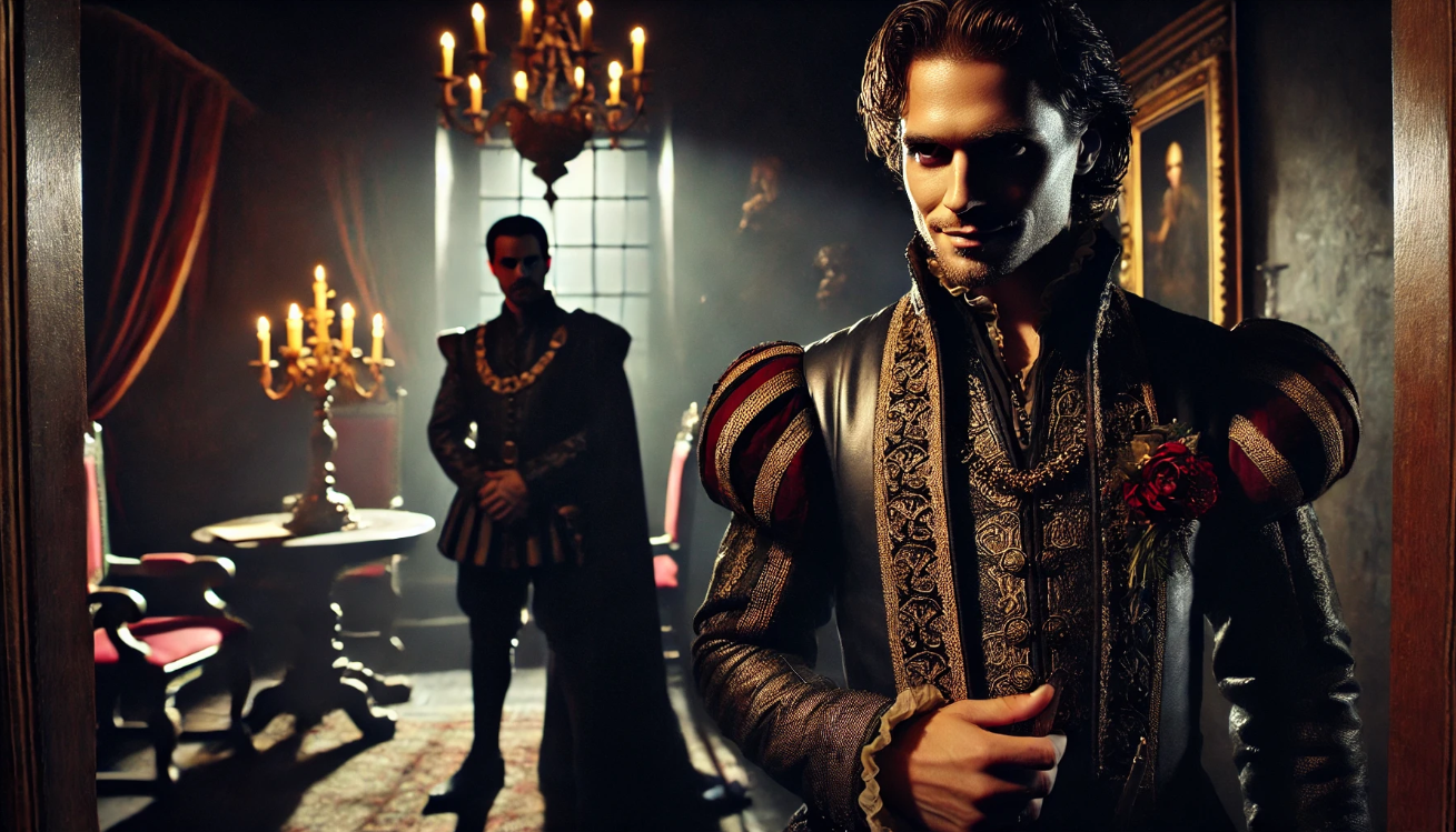 Iago lurking behind Othello. 