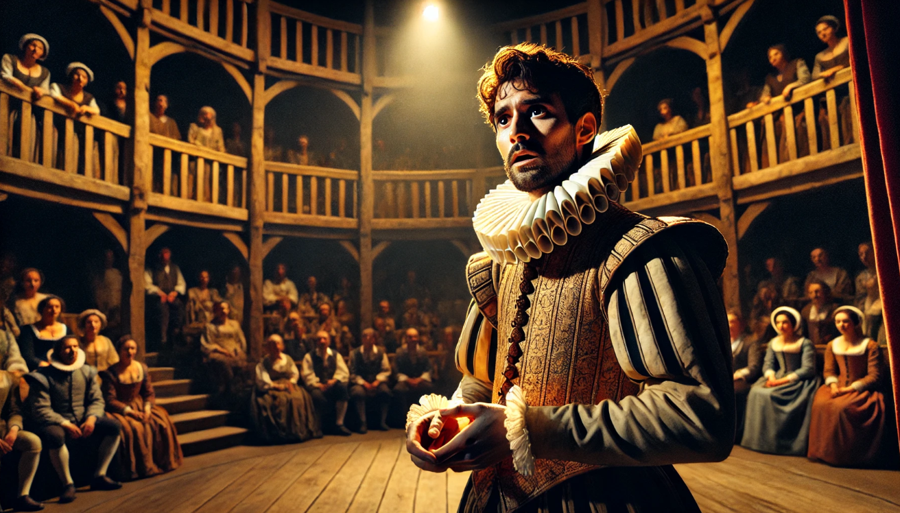 Actor addresses Elizabethan audience

