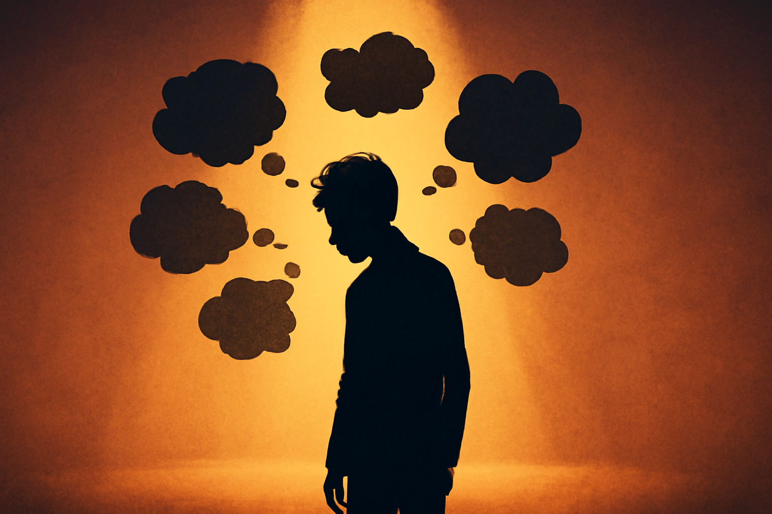 Silhouette of a character on stage with fragmented thought bubbles