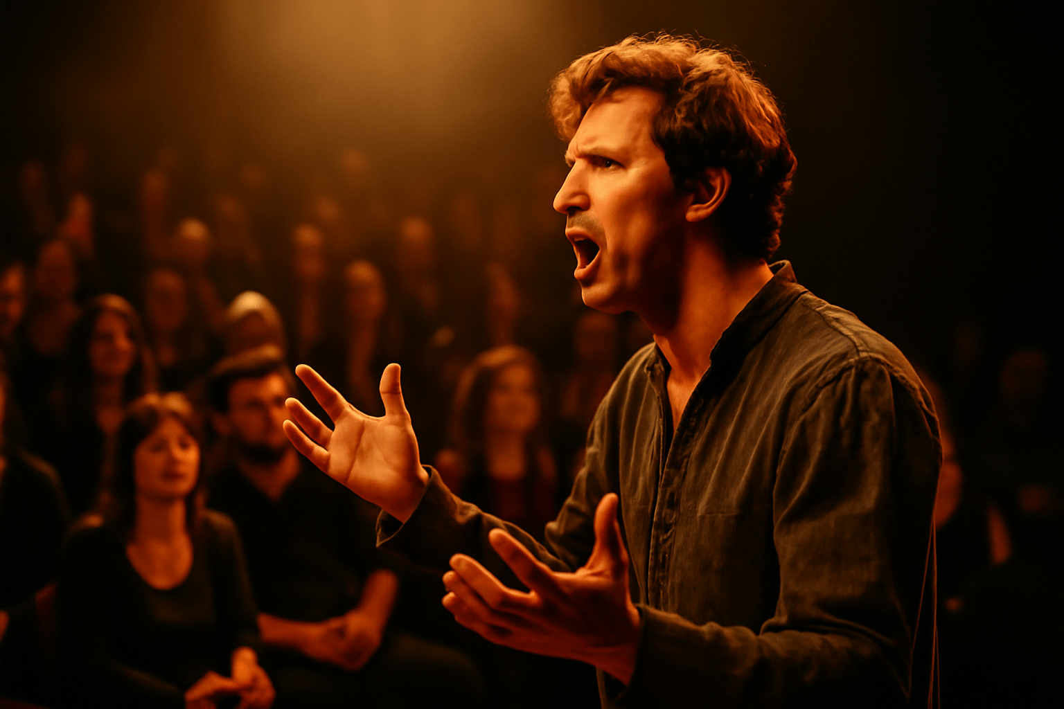 Actor delivering a soliloquy with emotional expression