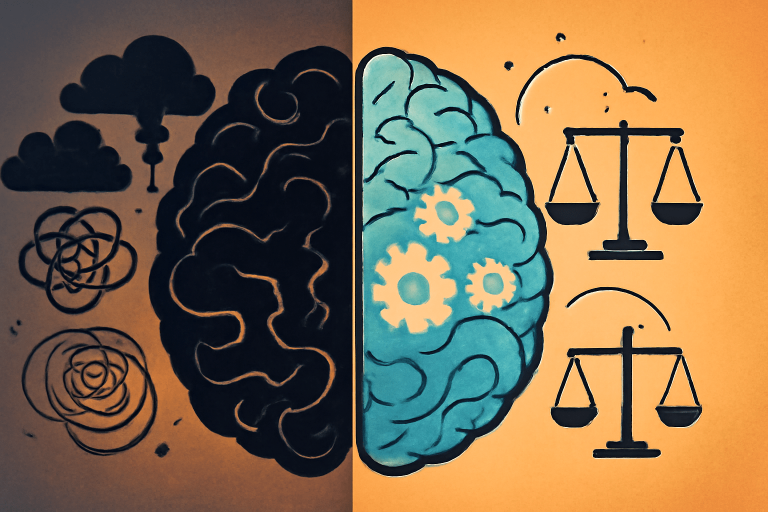 Illustration of a divided human brain symbolizing the psychological conflicts in soliloquies