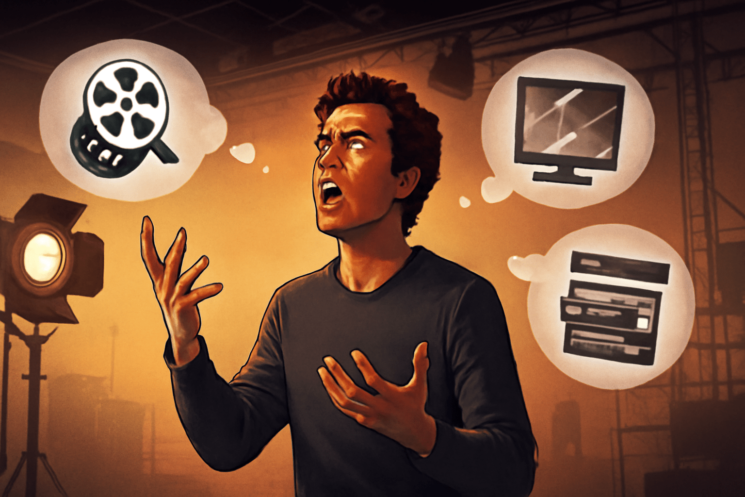 Modern-day actor delivering a soliloquy with digital elements