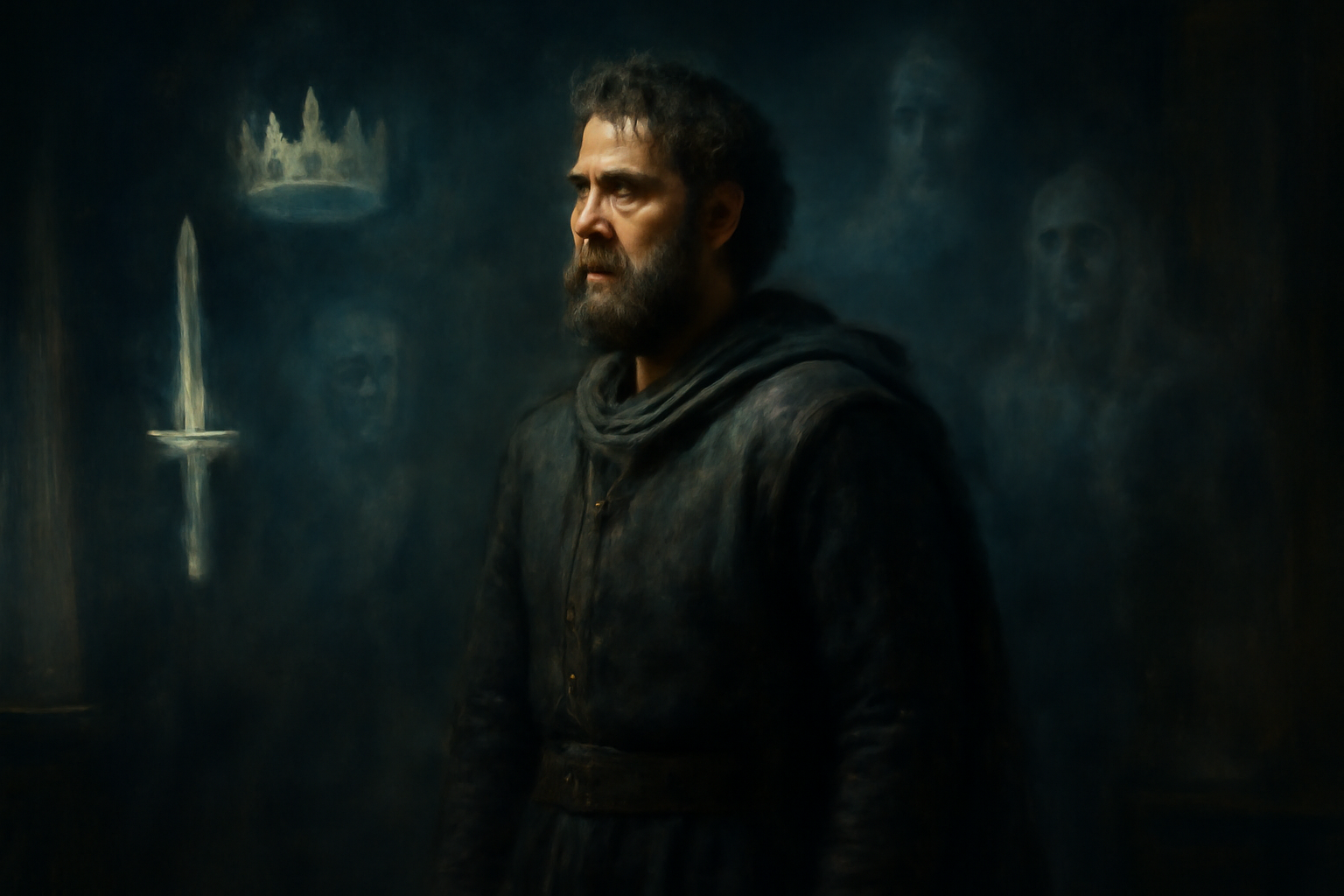 Macbeth standing alone in a dark