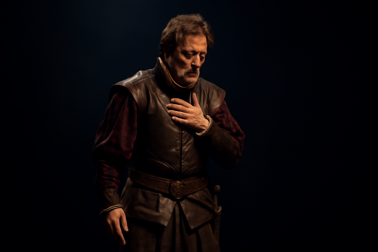 Create an image of a Shakespearean actor performing a soliloquy on stage
