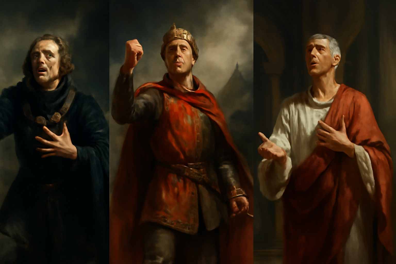 A dramatic triptych oil painting showcasing iconic Shakespearean characters