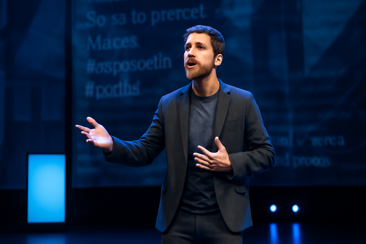 The actor, standing in a sleek modern stage