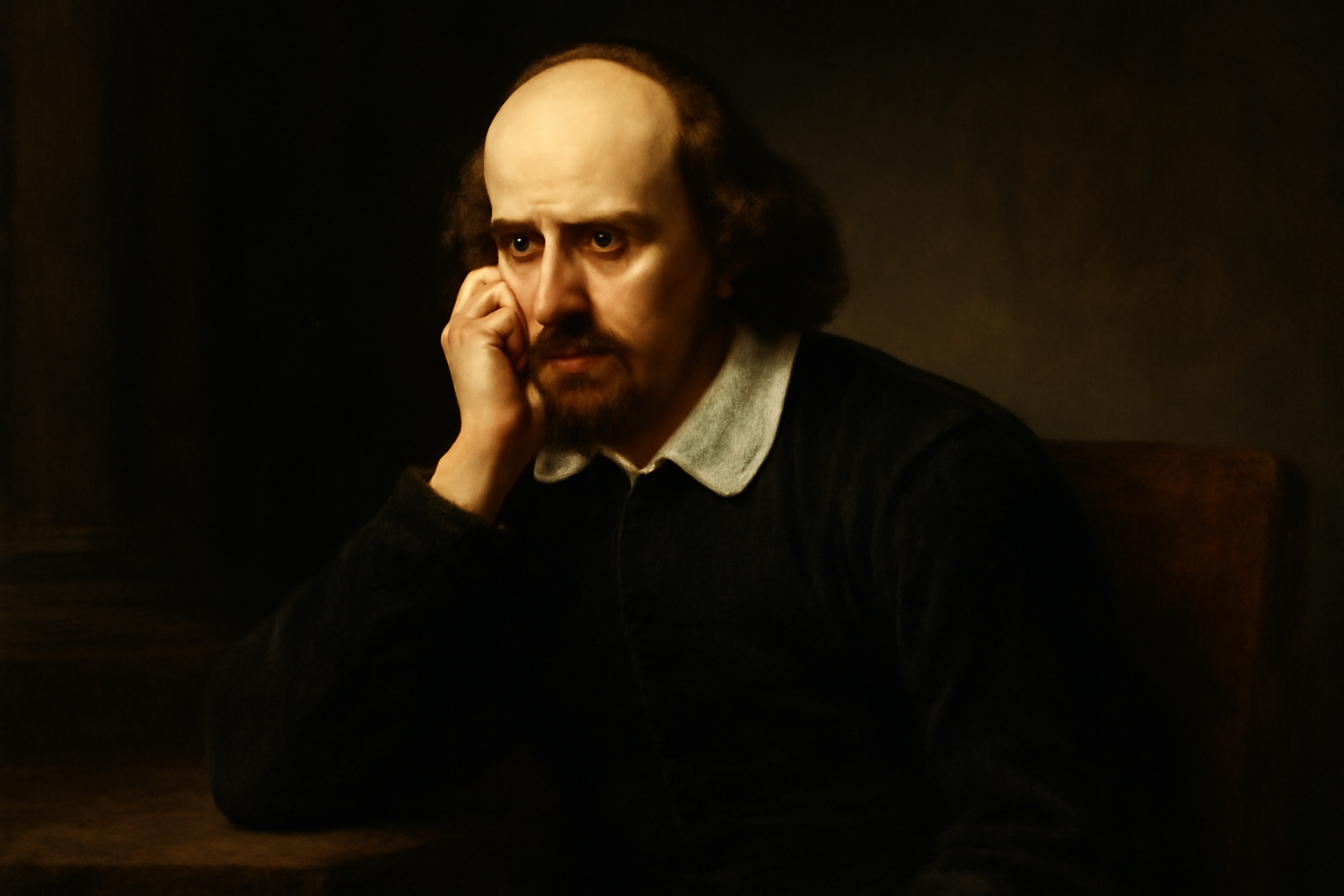 Shakespearean character in a somber 