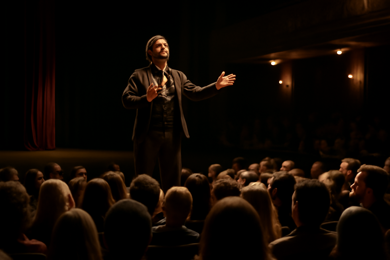 Actor delivering an emotional soliloquy on stage