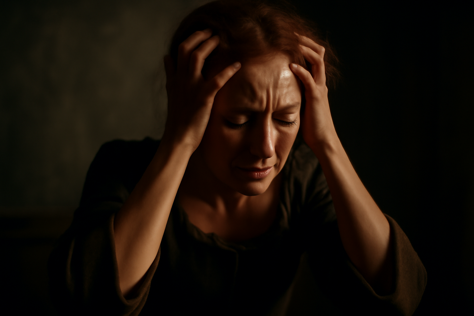 Distressed woman gripping her head in anguish