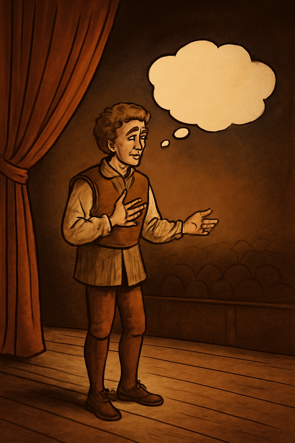 Character in classical clothing delivering a soliloquy on stage with a thought bubble