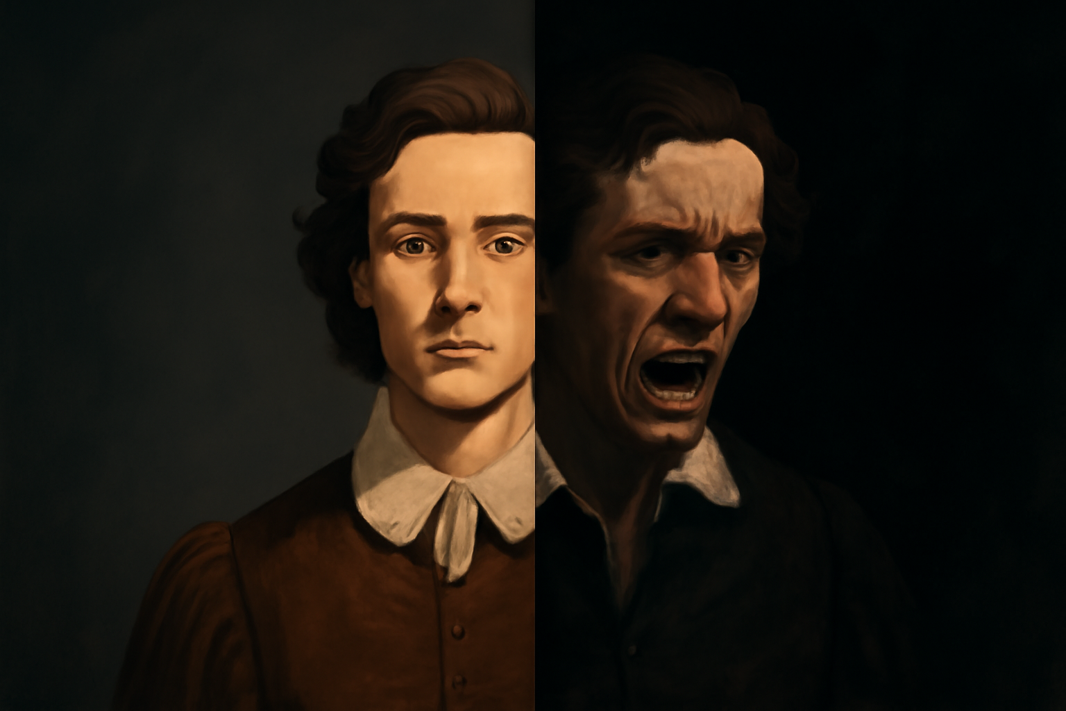 Split portrait of a character with one side calm and serene