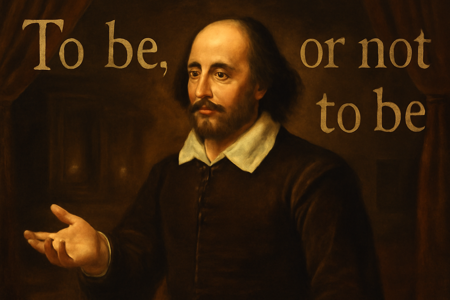 Traditional oil painting of William Shakespeare in mid-soliloquy