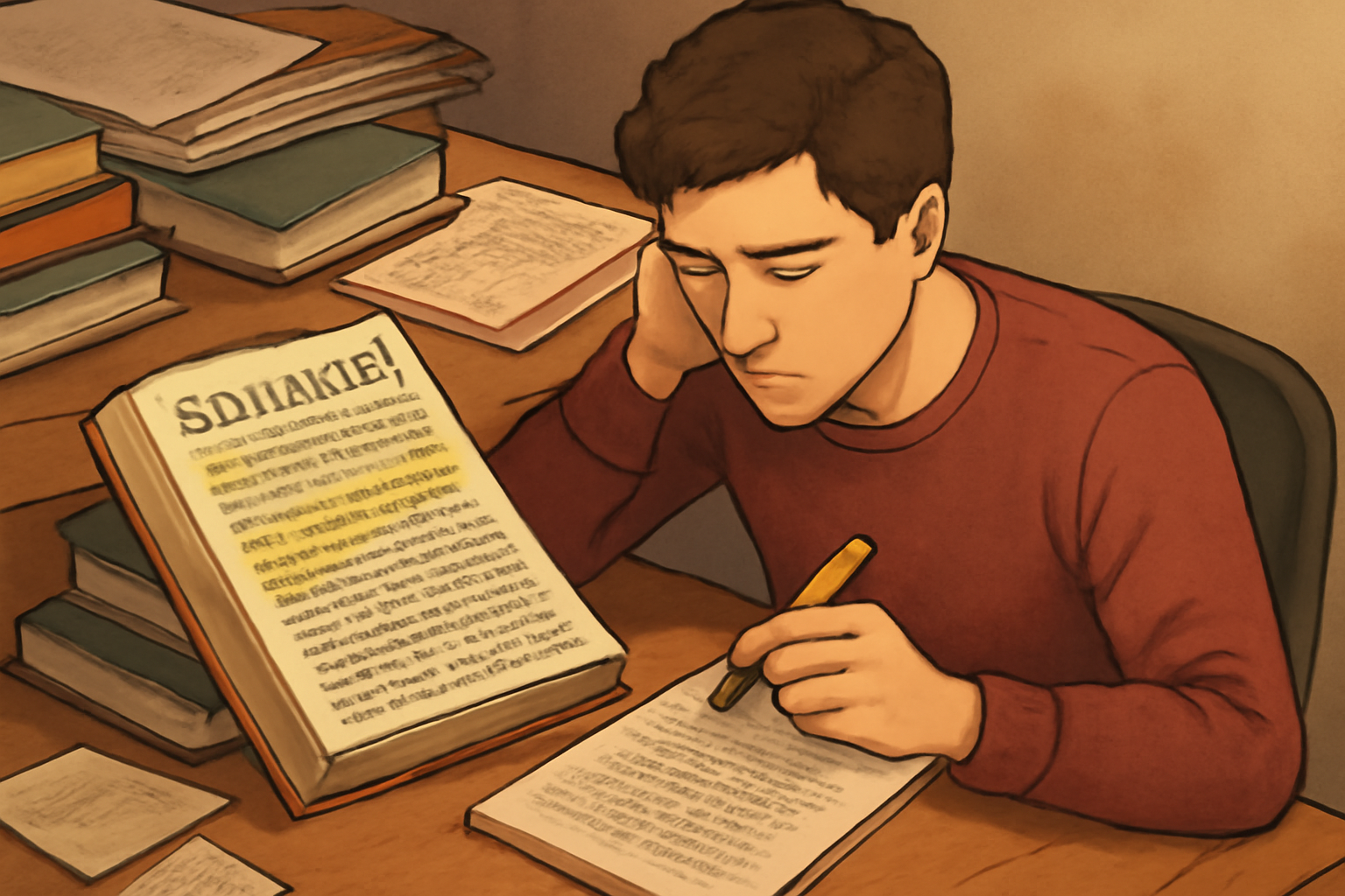 Young student studying a classic literature book with a highlighted soliloquy and annotations