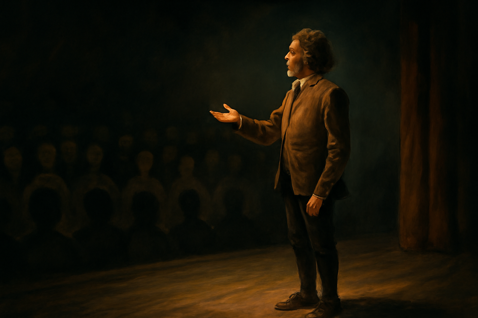 Character delivering a soliloquy on stage