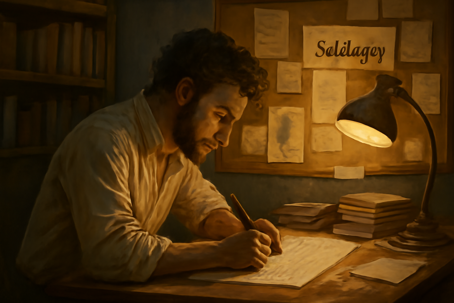 Writer in a cozy, dimly lit study