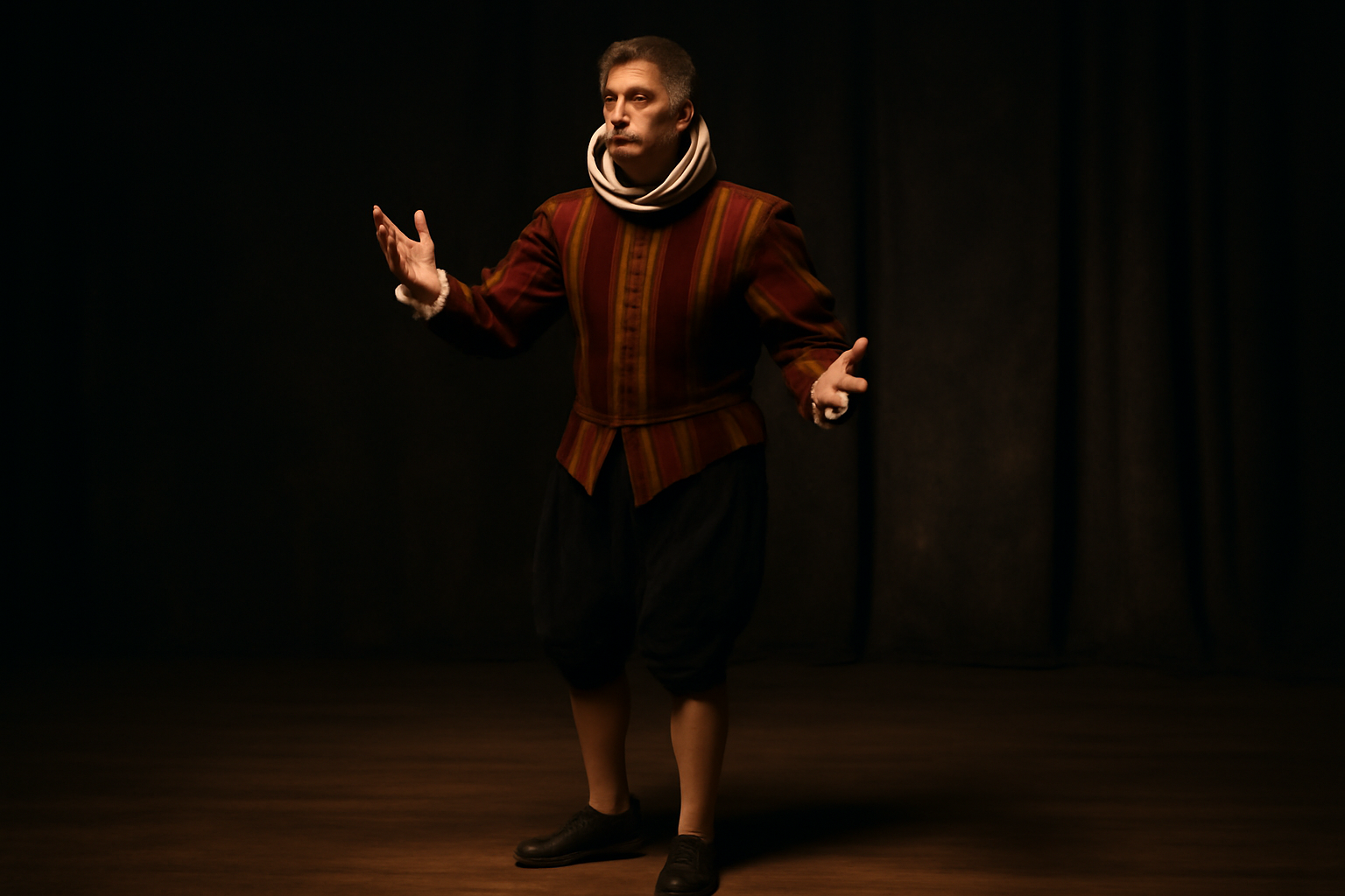 Actor in traditional Elizabethan costume delivering a passionate soliloquy on stage