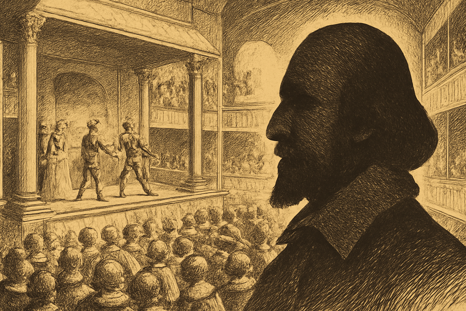 Sepia-toned ink illustration of an Elizabethan theatre with an audience watching a play