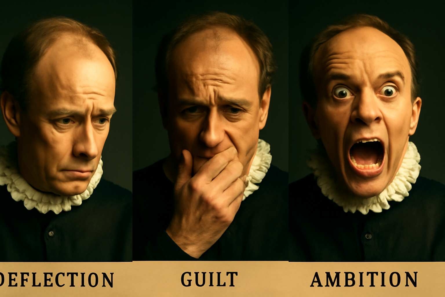 Triptych image of an actor in Elizabethan costume, showing exaggerated expressions of reflection