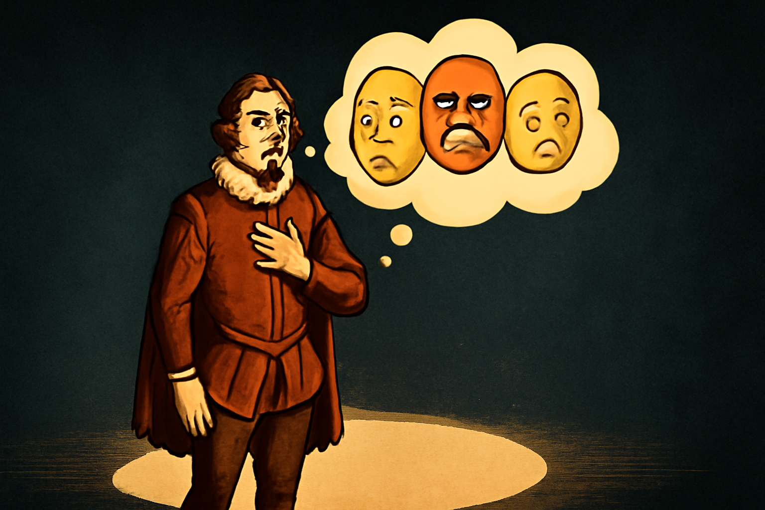 Digital illustration of an actor in Elizabethan costume standing in a spotlight