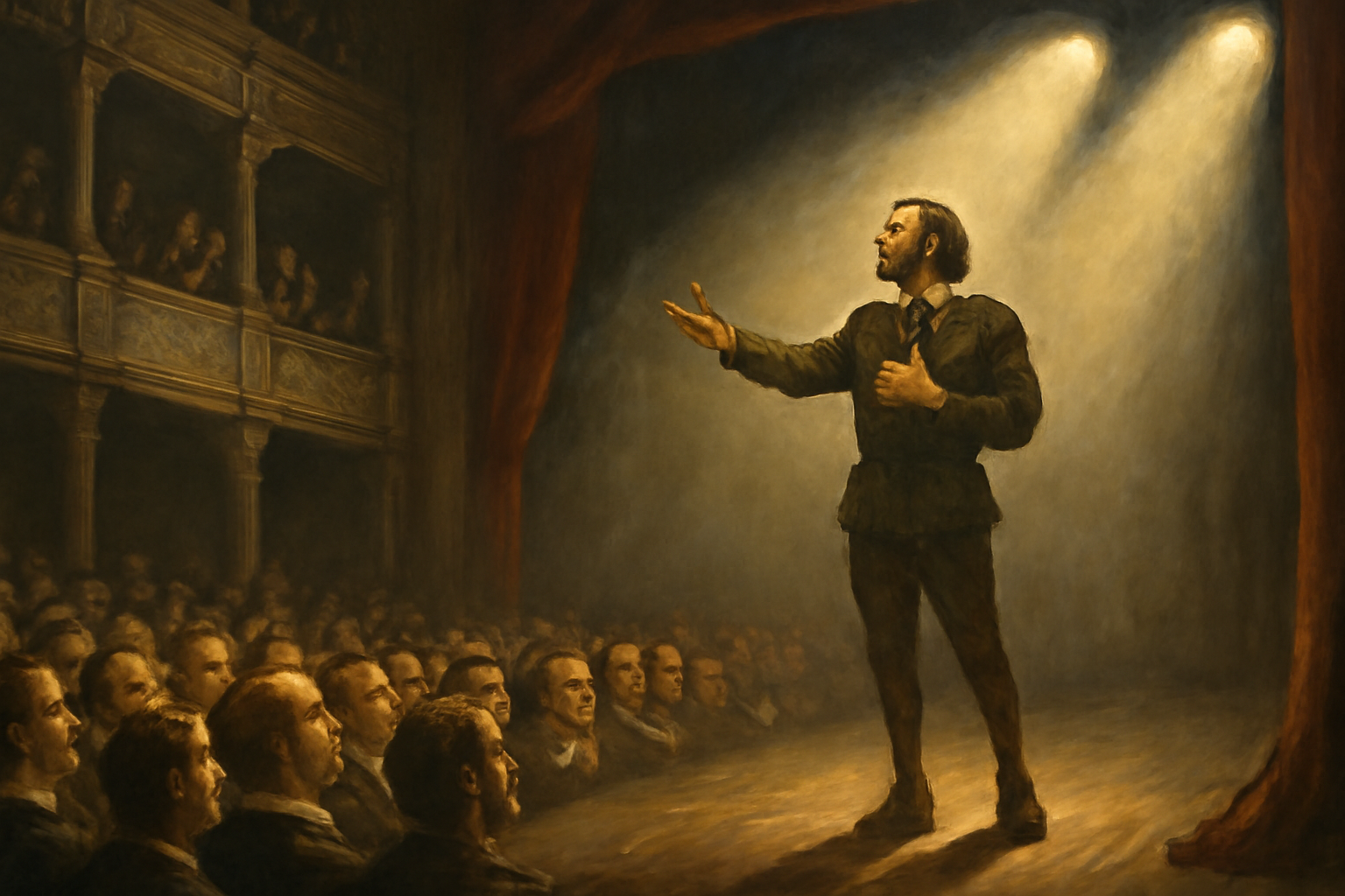Traditional-style painting of an actor performing a soliloquy on stage