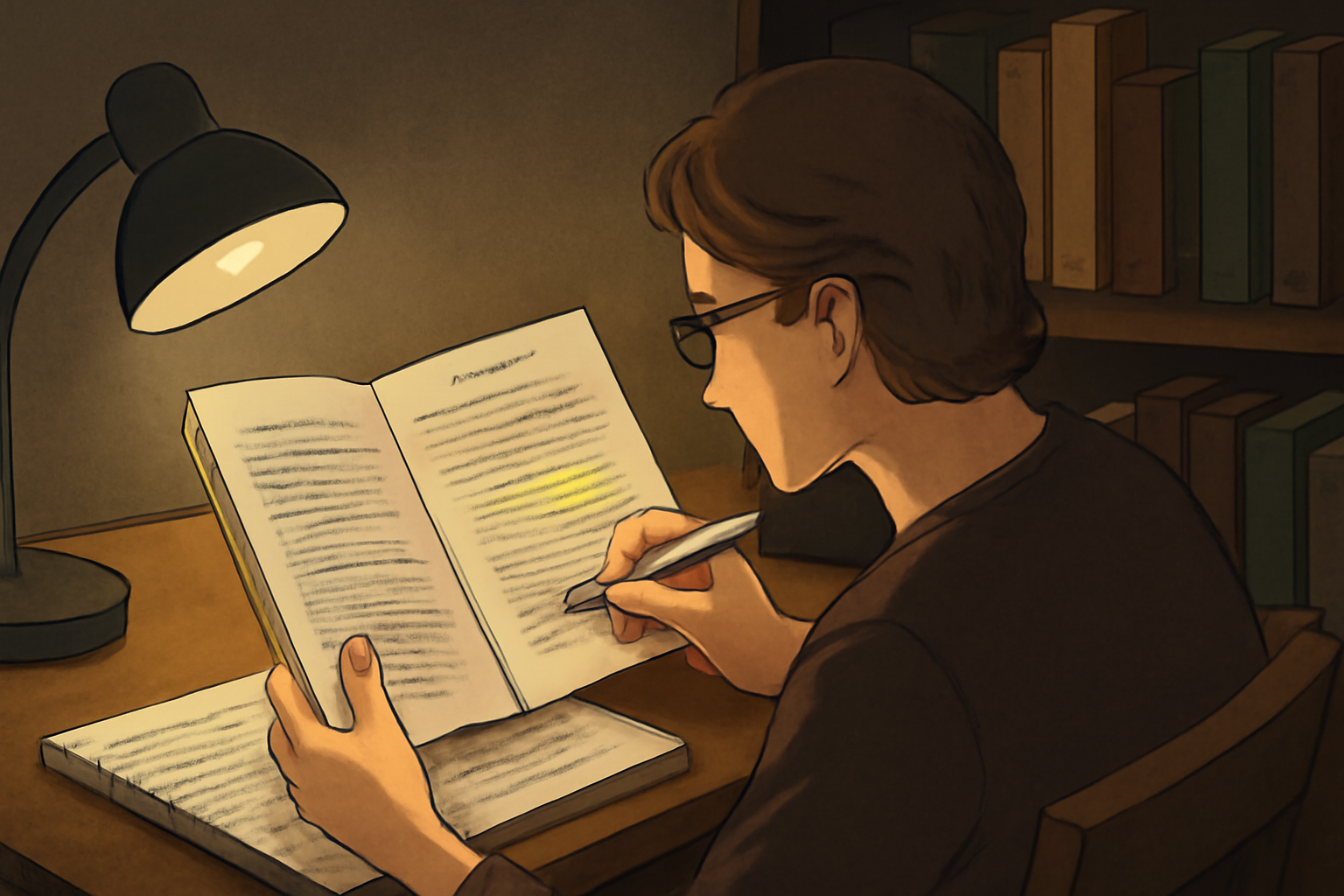 Digital illustration of a person studying a script in a dimly lit study room