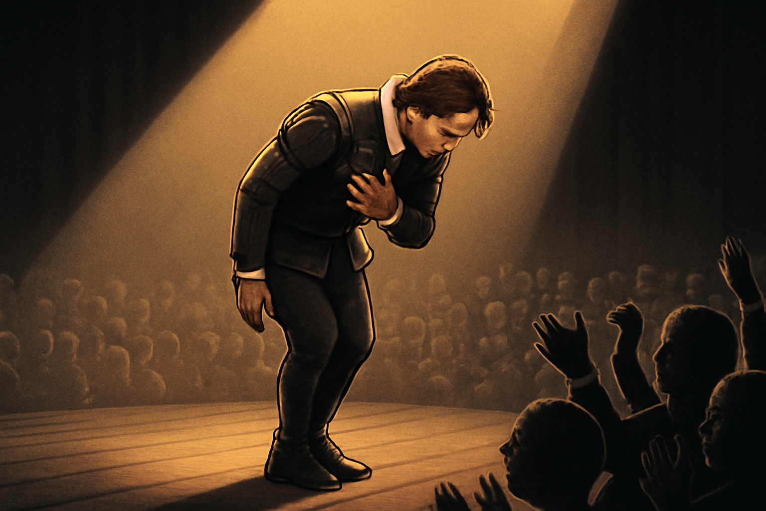Digital illustration of an actor bowing on stage after delivering a soliloquy