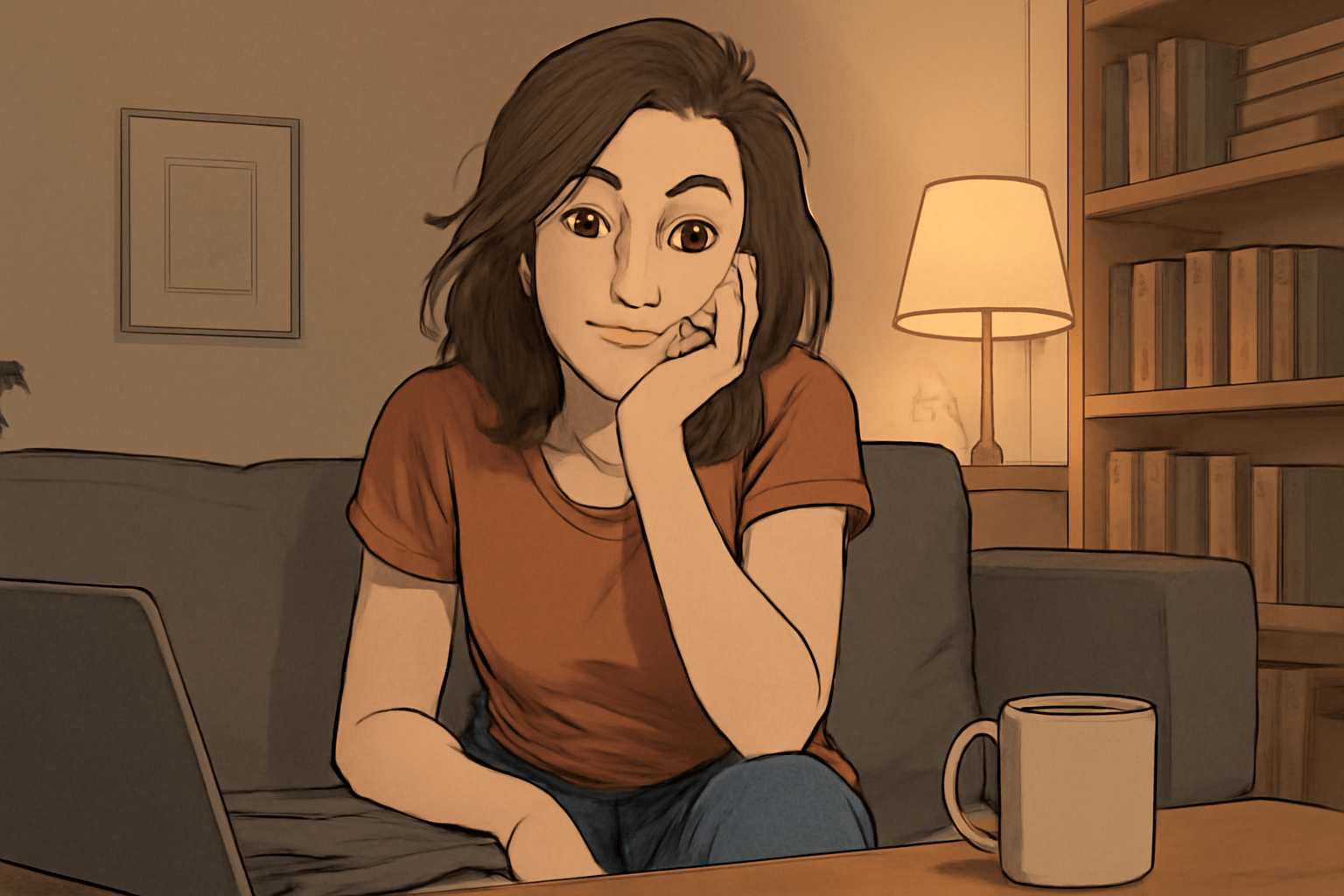 A modern female character in casual clothing sitting in a cozy room, looking directly at the viewer with a thoughtful or playful expression, as if breaking the fourth wall. The background includes soft lighting and personal details like books, a laptop, and a mug. The mood reflects honesty, introspection, and wit, resembling a modern soliloquy moment.16.9 ratio