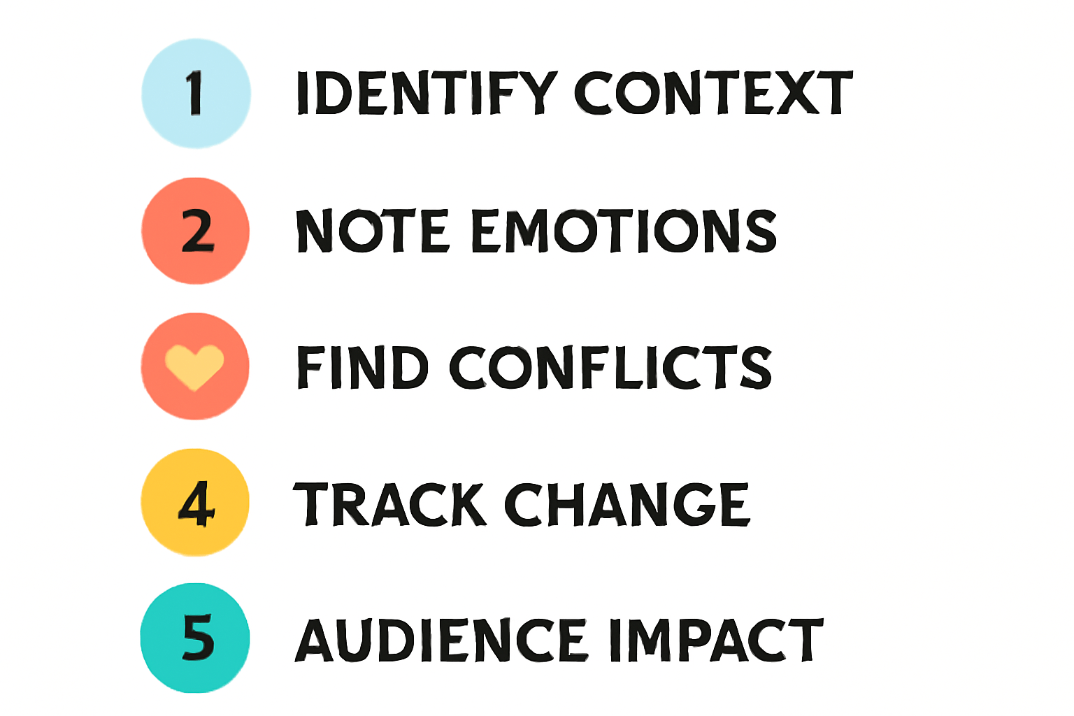 A colorful and clean infographic displaying five steps: 1) Identify Context, 2) Note Emotions, 3) Find Conflicts, 4) Track Change, and 5) Audience Impact