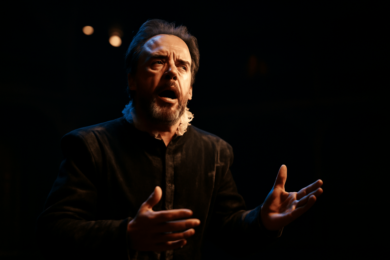 Middle-aged Caucasian male actor in a Shakespearean costume