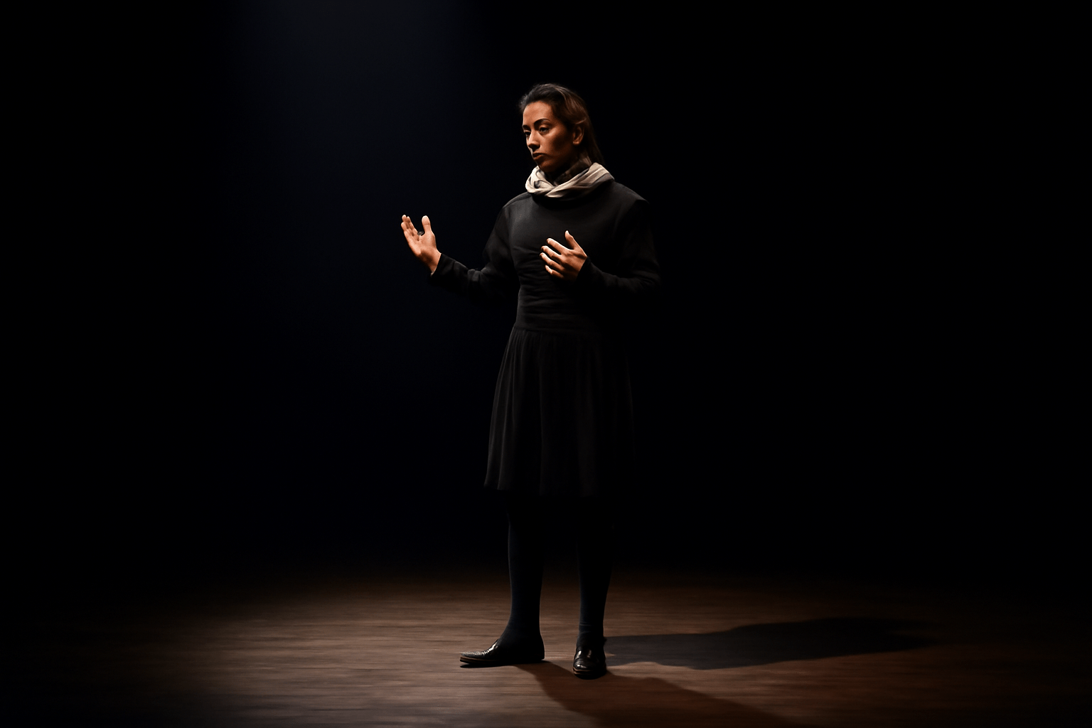 Actor in Shakespearean attire performing a heartfelt soliloquy on stage