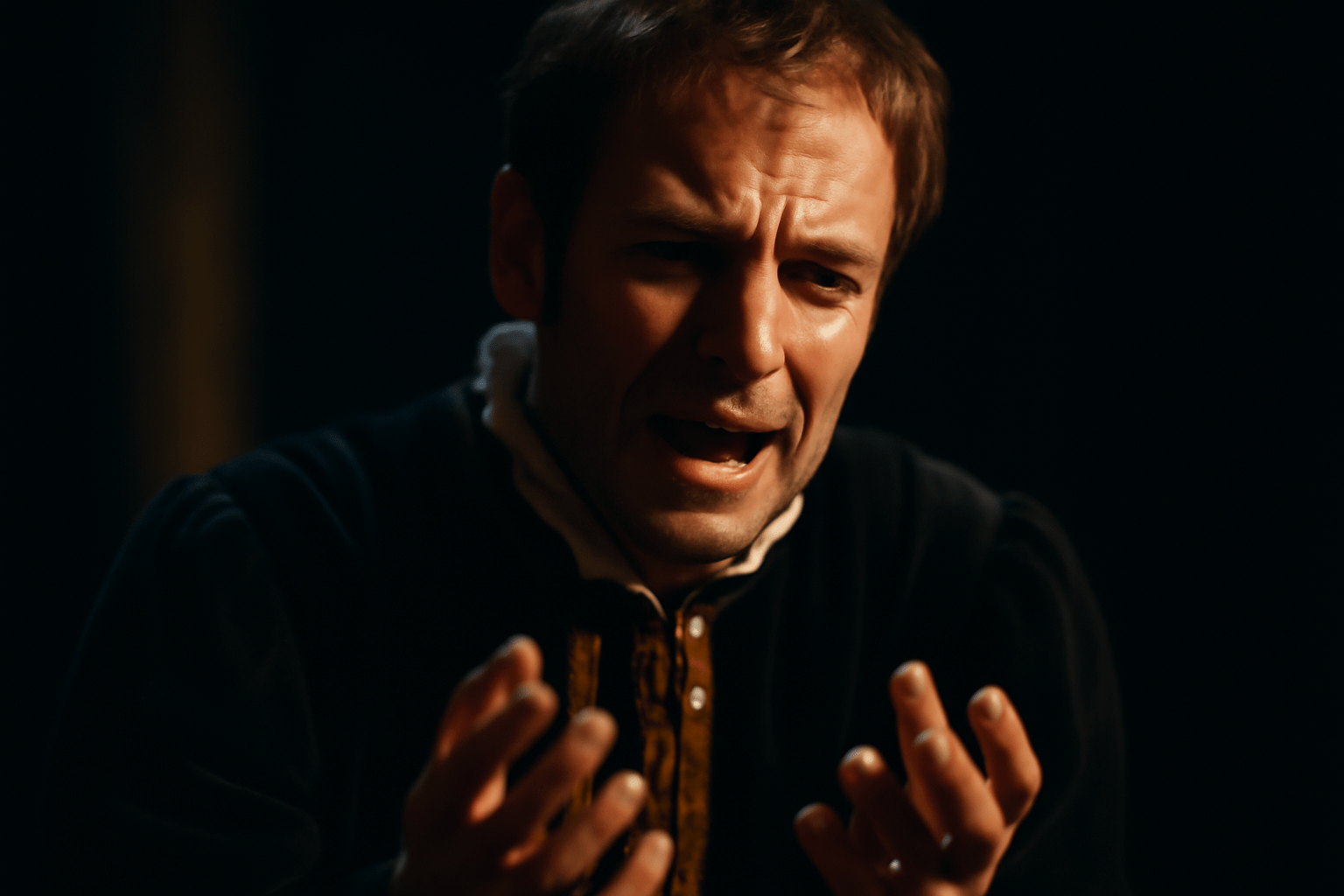 Close-up of a male actor in Shakespearean costume