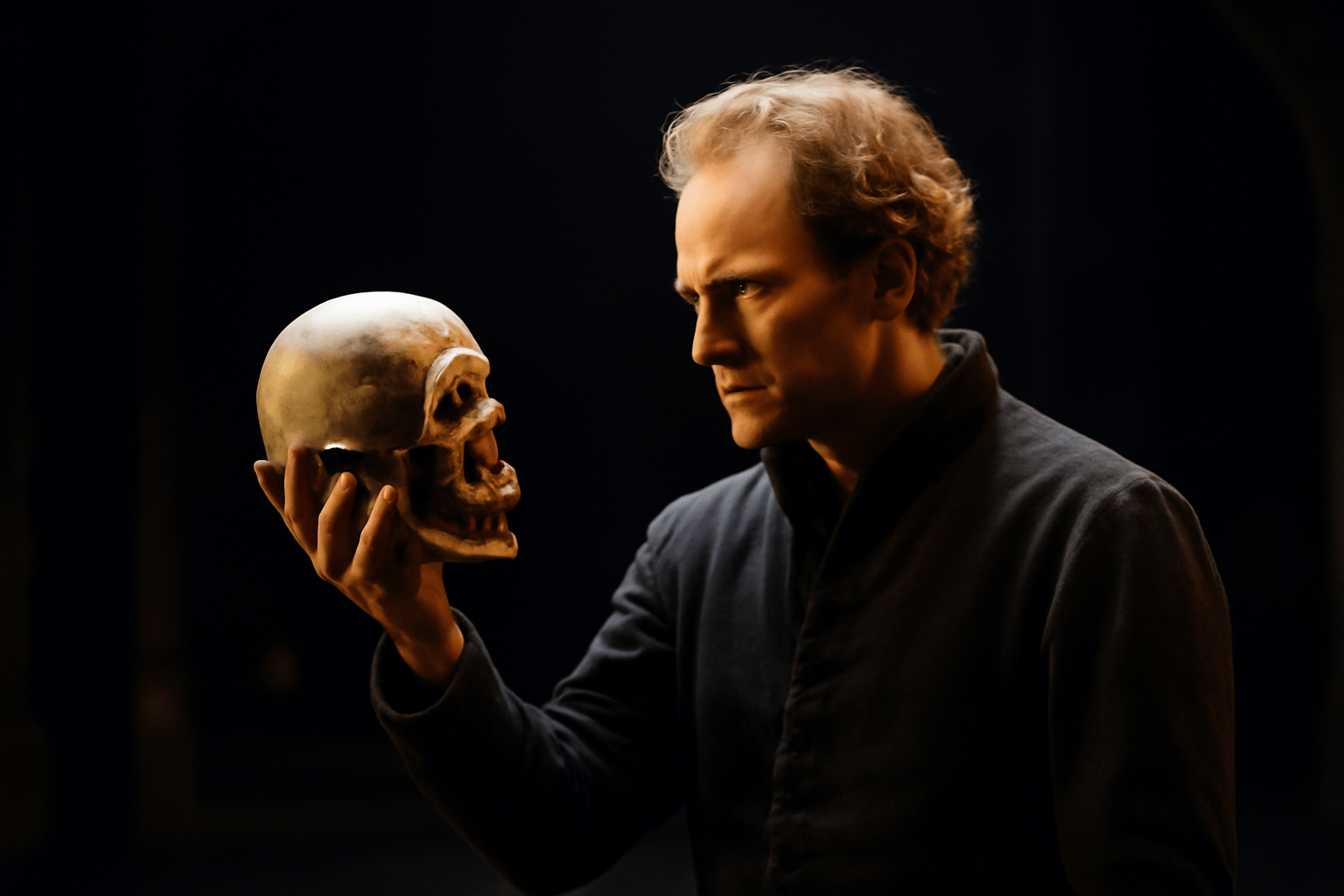 Actor portraying Hamlet holding a skull during the iconic