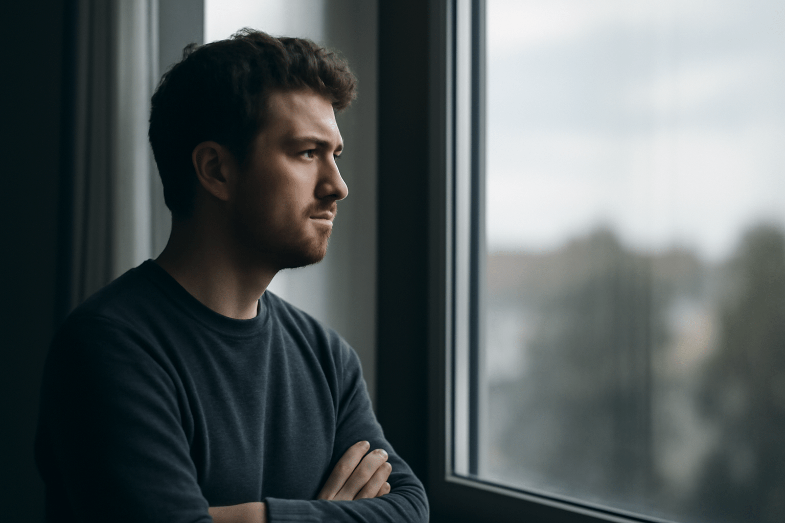 Young man with curly hair standing by a window