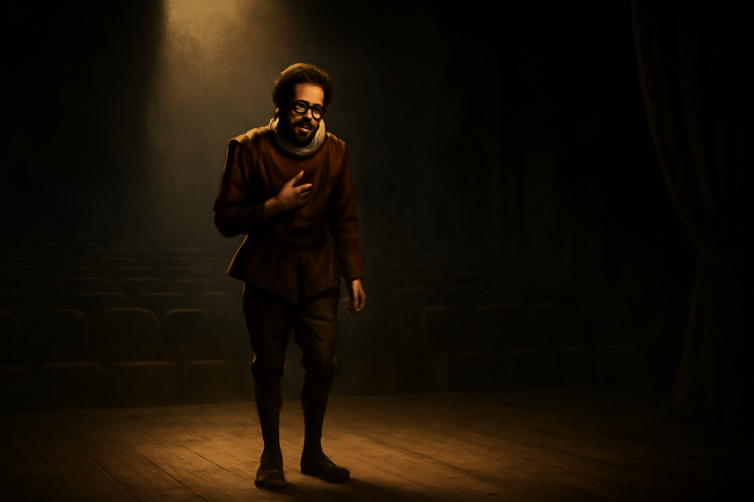Elizabethan actor delivering a soliloquy on stage under a spotlight