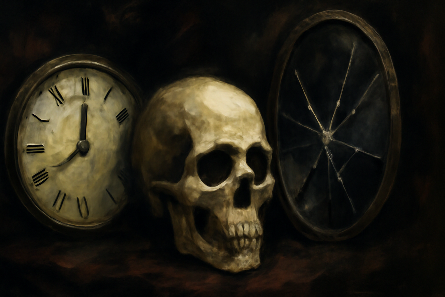 An abstract, moody painting depicting three symbols: a ticking clock