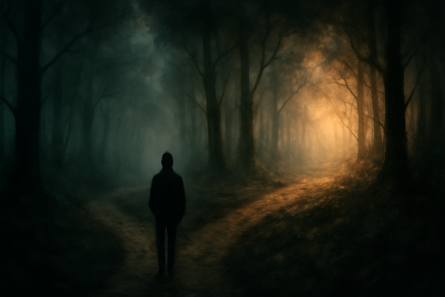 A misty, dark forest with two divergent paths