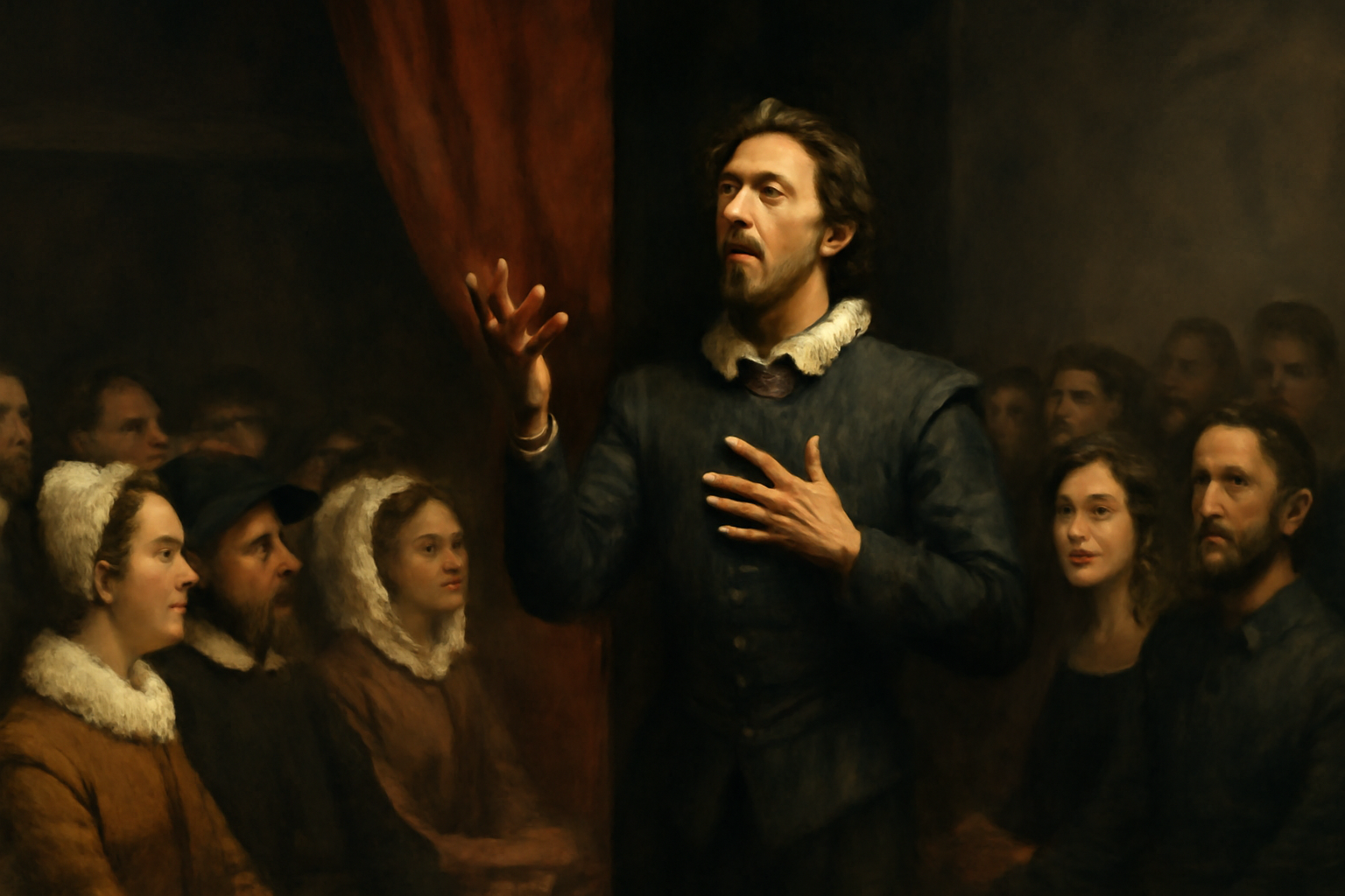 A split-screen oil painting depicting two audiences: on the left