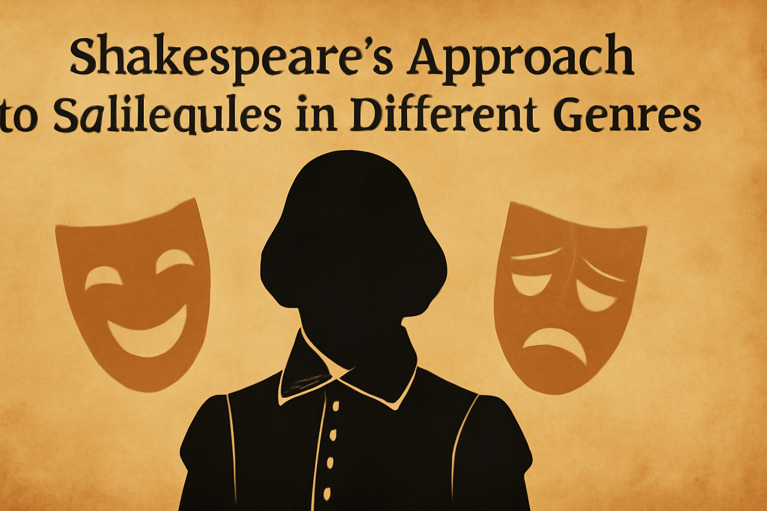 A silhouette of Shakespeare in Elizabethan attire with theatrical masks representing comedy and tragedy on either side