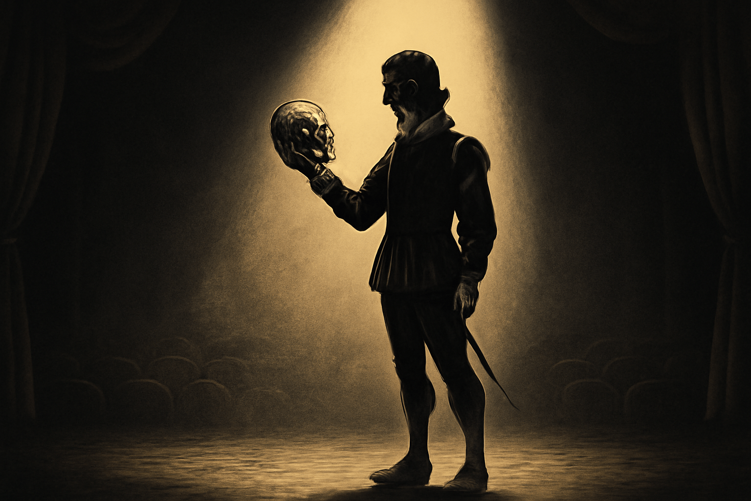 A dramatic illustration of Hamlet standing center stage in a dimly lit theater
